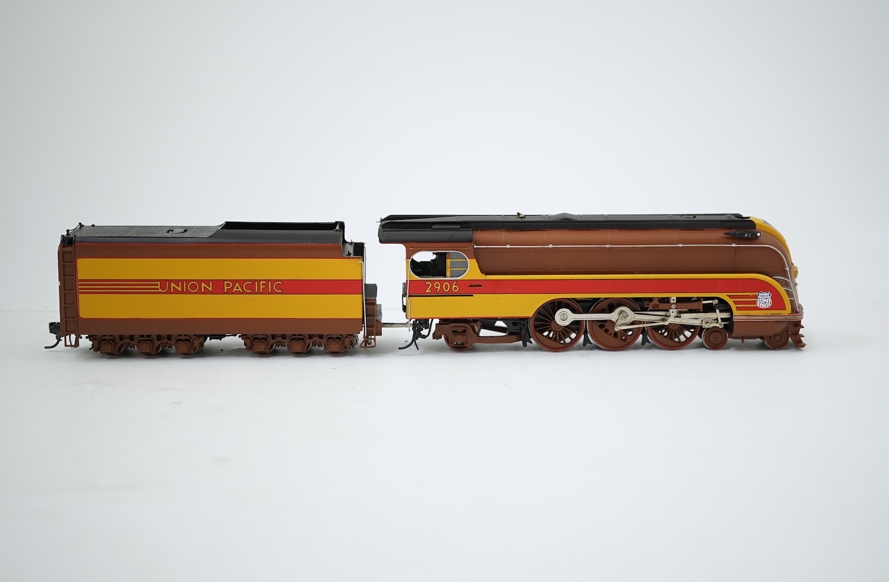 A boxed HO gauge Overland Models Inc. model of Union Pacific P77, 2906, streamlined 4-6-2 locomotive with bogie tender, powered for two rail operation.